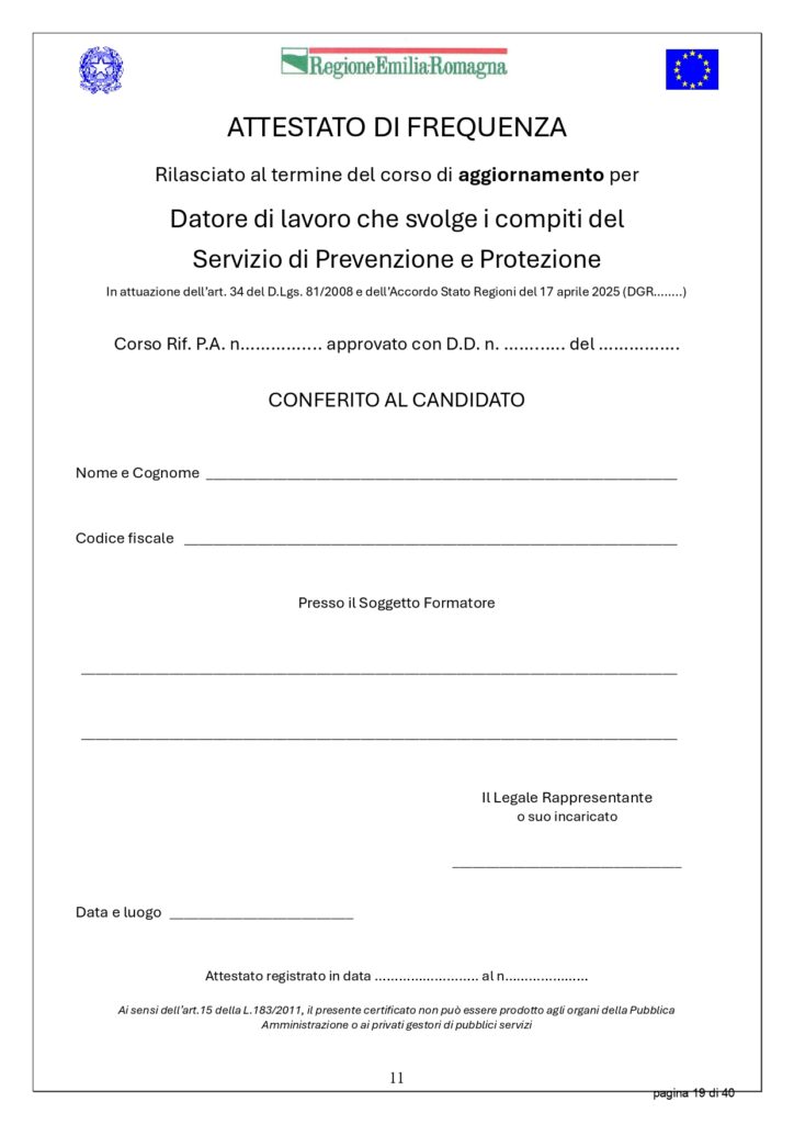 Attestato agg.to DDL SPP