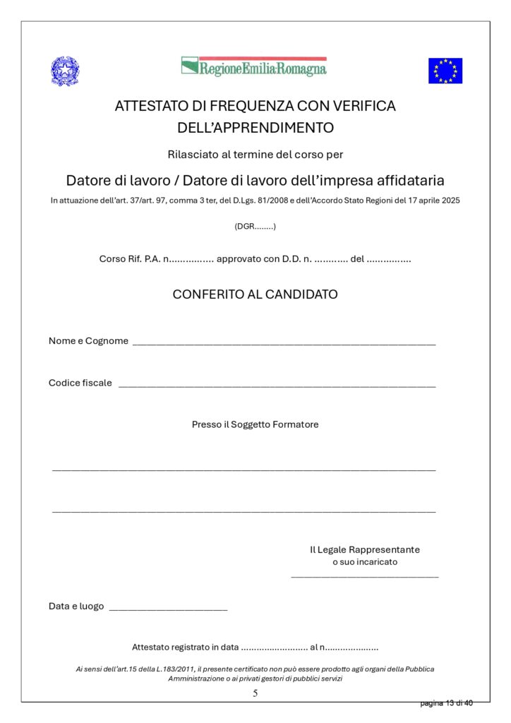 Attestato corso DDL + DDL Cantieri